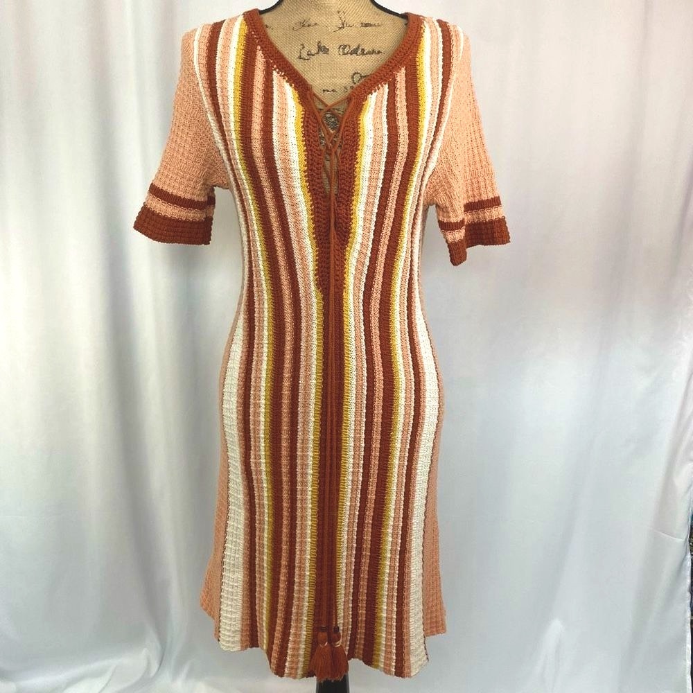 Free People Lollipop Crochet Sweater Dress in Sunset Combo Sz Medium
